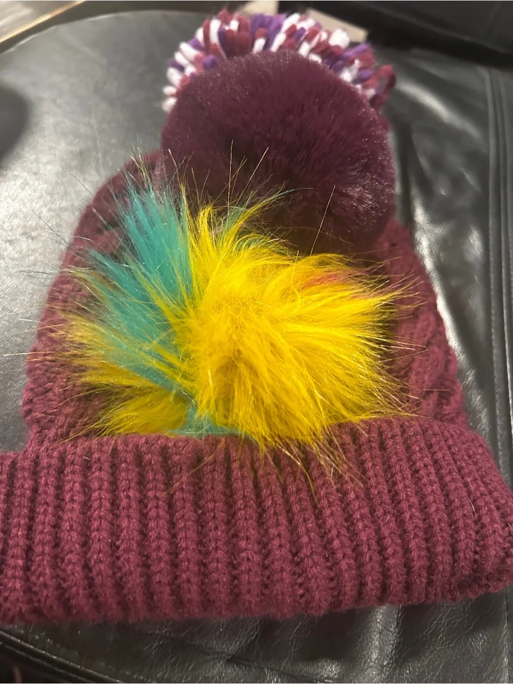 Maroon Knit Pom Beanie with Colorful Faux Fur Accent you pick Pom wear 3 ways